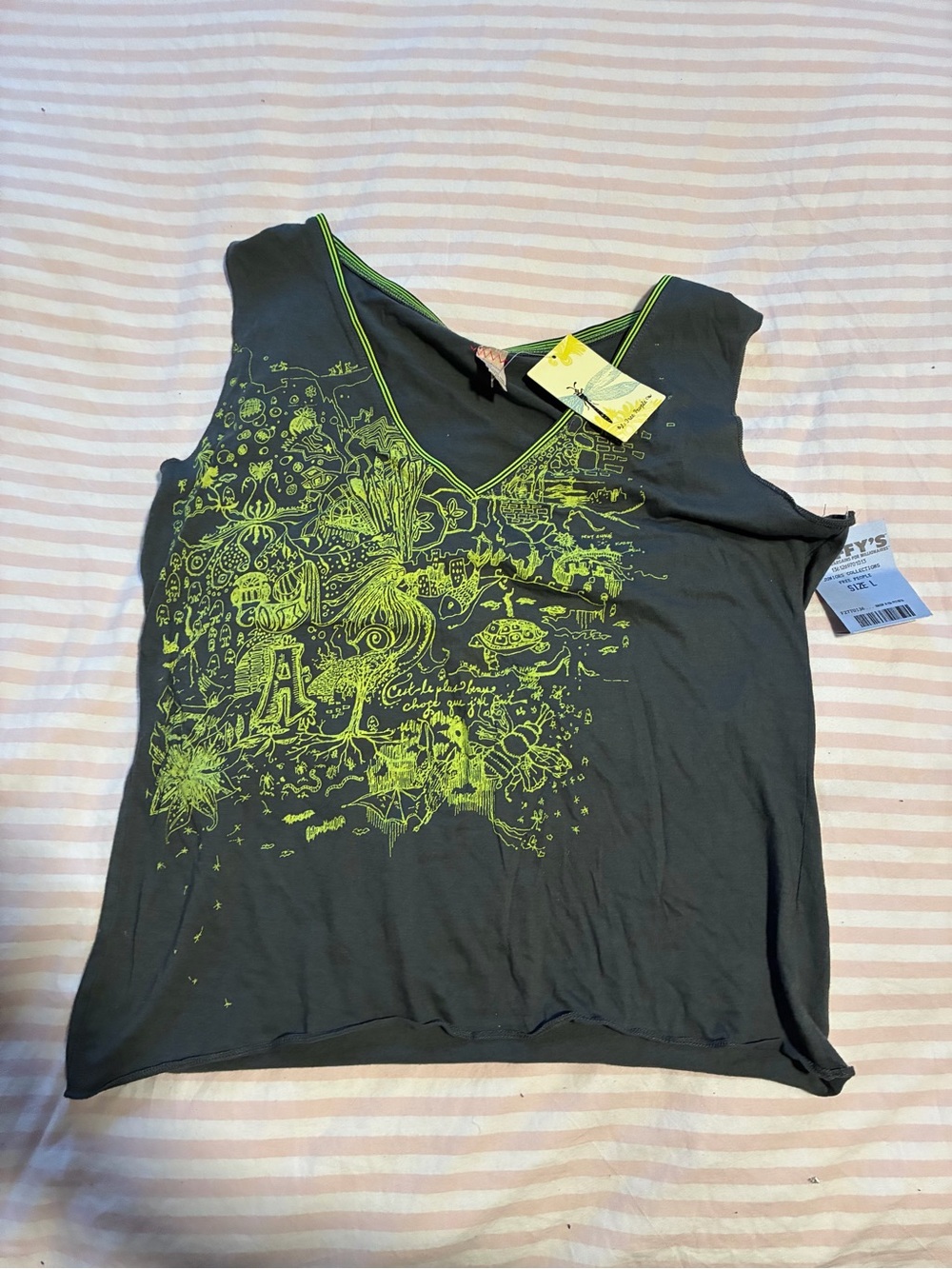Free People Charcoal Tank with Neon Yellow-Green Graphic